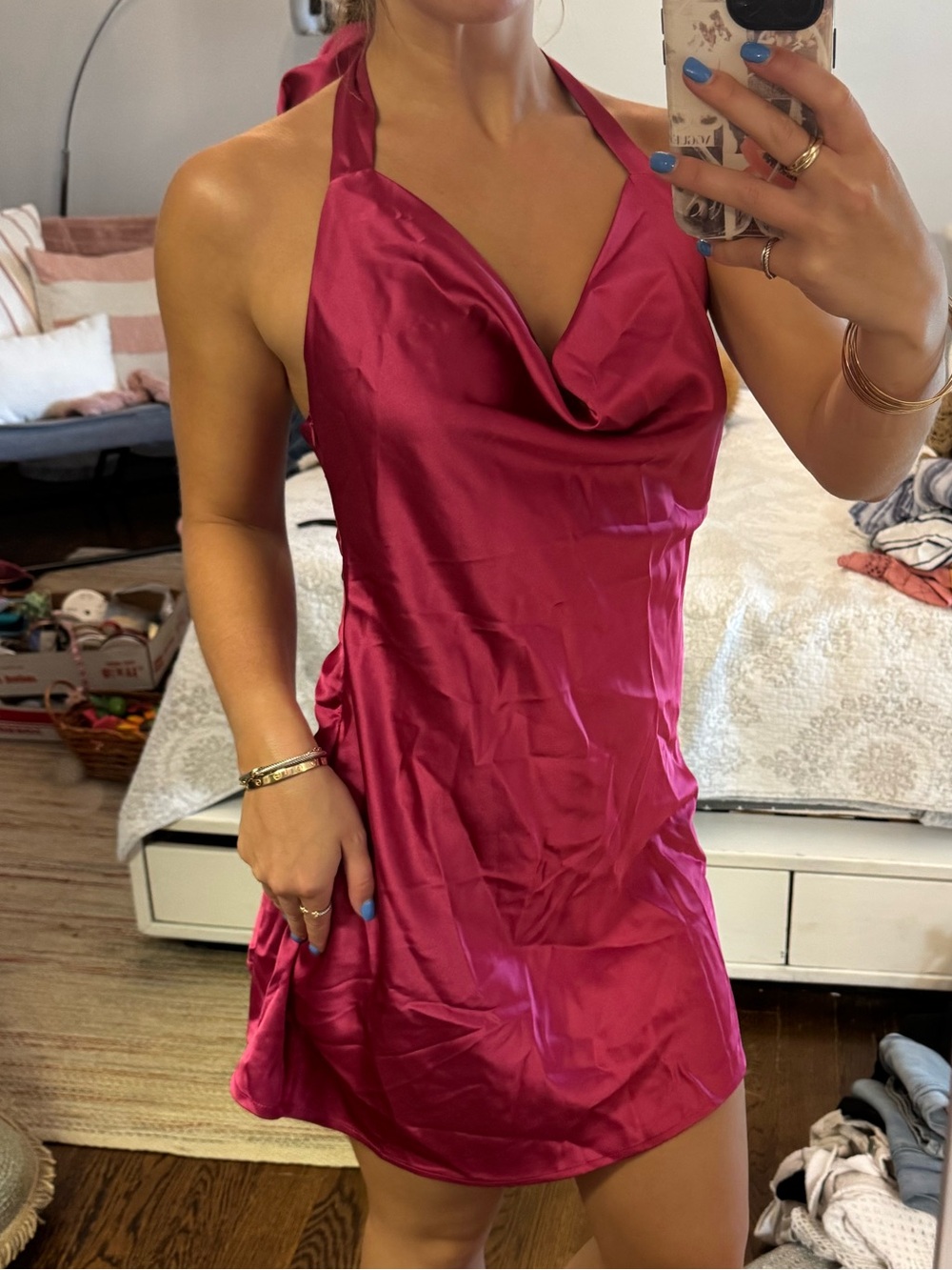 Magenta Satin Halter Mini Dress
